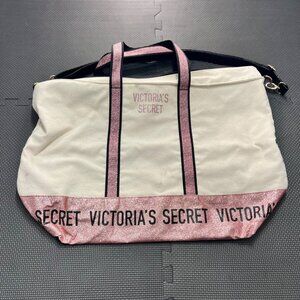 Victorias Secret Canvas Tote Bag With Pink Glitter Accents & Black Straps